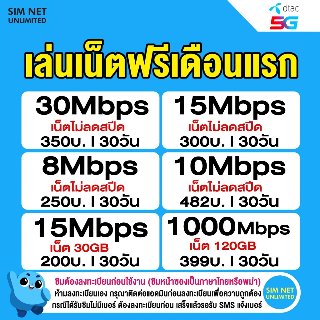 (เล่นฟรีเดือนแรก) ซิมเทพ Dtac รวมโปรเล่นเน็ตไม่อั้น (พร้อมใช้ฟรี dtac wifi ทุกแพ็กเกจ)