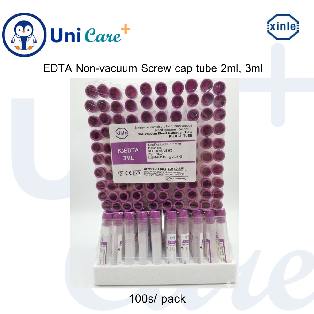หลอดเก็บตัวอย่างเลือด EDTA k3 Non-vacuum Screw cap tube 2ml, 3ml (100 หลอด / แพ็ค)