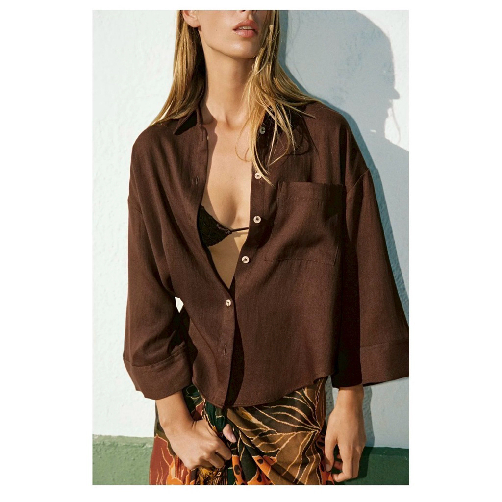 ZARA Over size shirt เสื้อเชิร์ตสีเบจ ทรง Over size ผ้าลินิน งานแท้