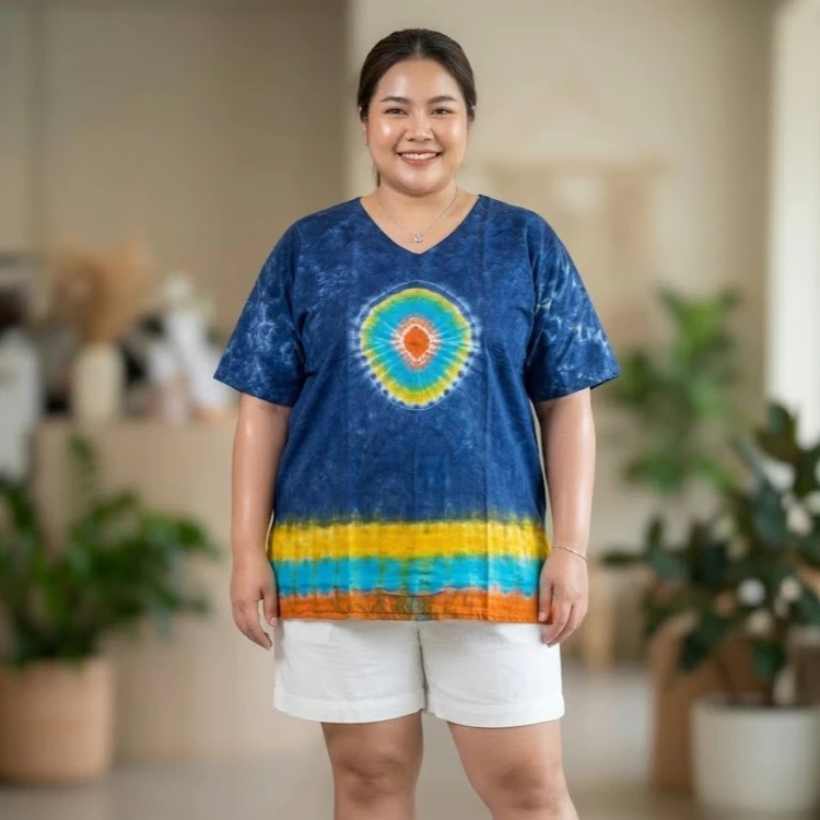 เสื้อแขนสั้นคอวี อก 48 ผ้าแมมเบิร์ตสปันงานมัดย้อม thumbnail 9