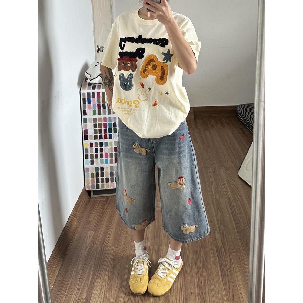 Swan shop (ไชด์S-4XL)กางเกงยีนส์ขากว้างผู้หญิง ลายปักน้องหมาน่ารัก เอวสูง ผ้าเดนิมแฟชั่น รูปที่ 4