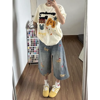 Swan shop (ไชด์S-4XL)กางเกงยีนส์ขากว้างผู้หญิง ลายปักน้องหมาน่ารัก เอวสูง ผ้าเดนิมแฟชั่น