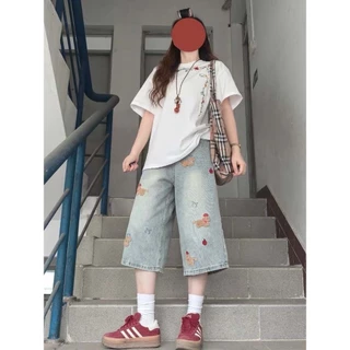 Swan shop (ไชด์S-4XL)กางเกงยีนส์ขาห้าส่วนทรงหลวม ลายการ์ตูนน้องหมา แต่งปักน่ารัก ใส่สบาย