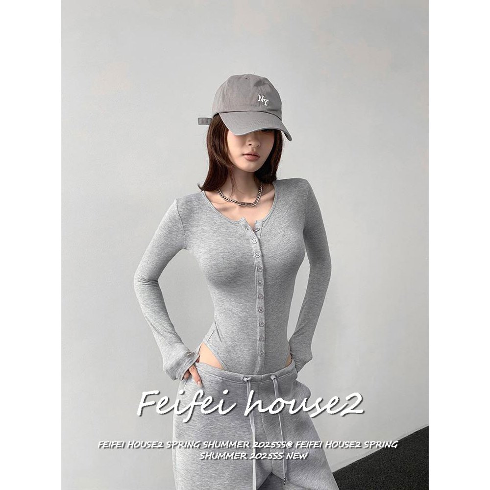 [Button-down long-sleeved T-shirt]สำหรับสตรีเสื้อยืดแขนยาวตัวเดียวคอวีวินเทจมีกระดุมรัดรูป