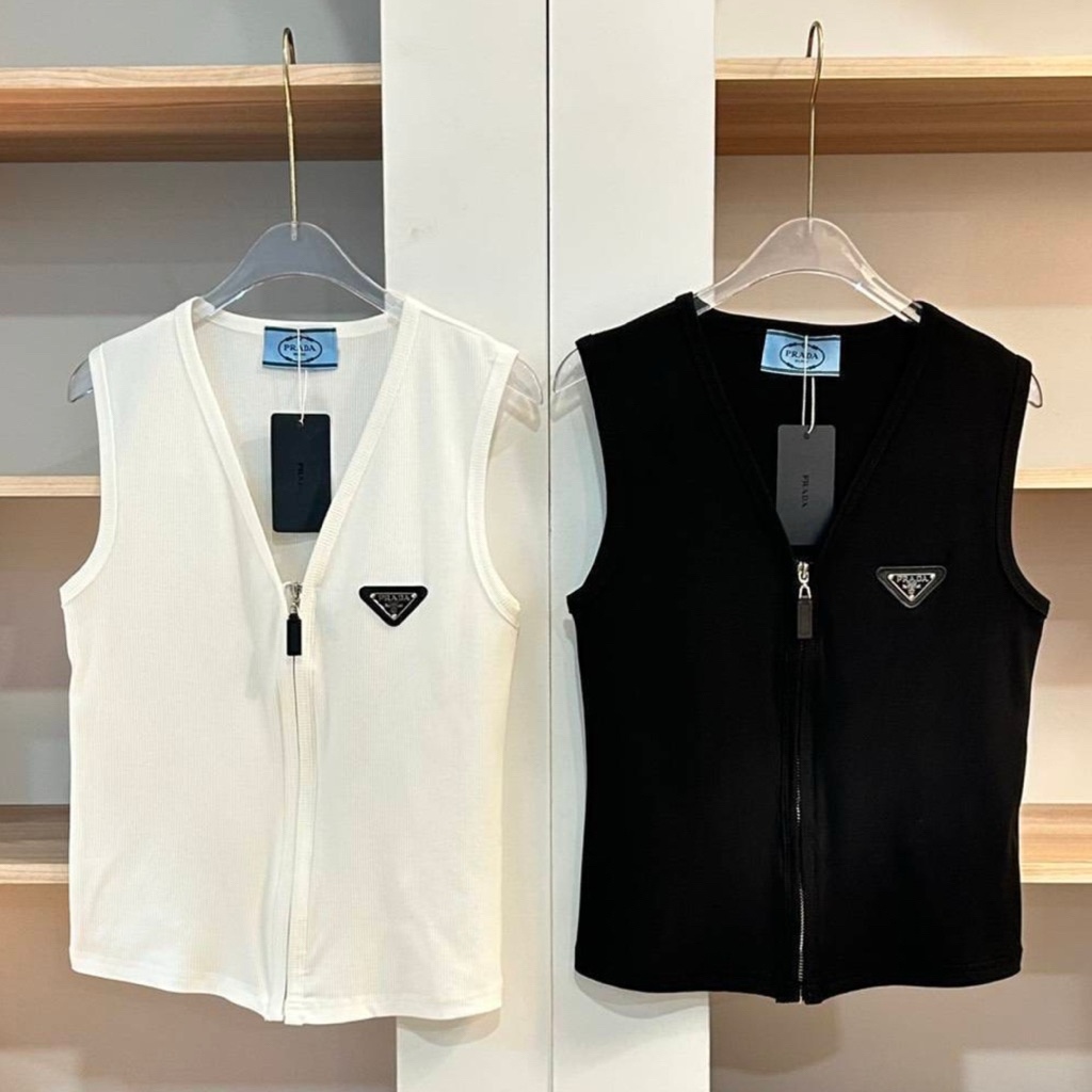 เสื้อแขนกุดผ้าร่องซิปหน้าสไตล์เรียบหรูงานHi-end