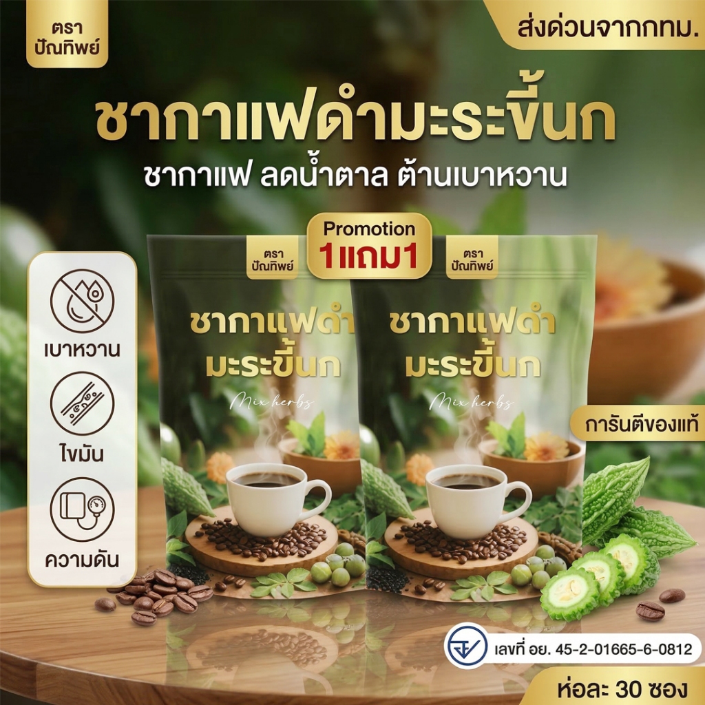 (1แถม1 ) ชากาแฟดำมะระขี้นก ปัณทิพย์ เบา ดัน ไขมัน ต้านน้ำตาล ห่อ30ซอง