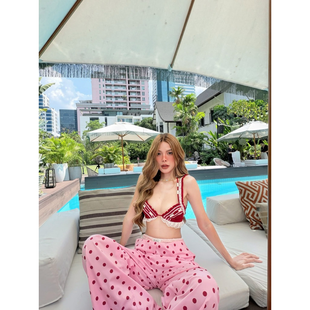 𝐍𝐞𝐰 𝐓𝐚𝐠𝐬 บราบิกินี่แดง,กางเกงขายาวชมพูโพกาดอท Sz.S,M,L ป้ายPitcha-พิชชา