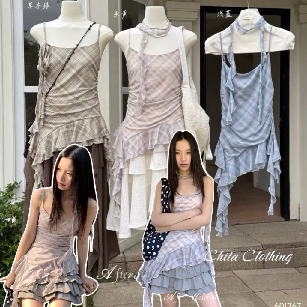 📍พร้อมส่ง น้ำตาล📍601767 เสื้อสายเดี่ยว ผ้าลายสก๊อต ลายสวย มีดีเทลน่ารัก แมชง่าย TAG Molorda🇰🇷