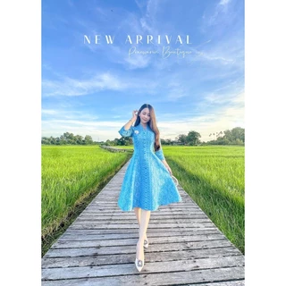 PRAEWARIN (แพร-วรินทร์) ชุดผ้าไทยผ้าทอลายแพรวากาฬสินธุ์แพรมุก ดีไซน์คอปีนแขนยาวกระโปรงทรงสวิงพริ้วสวย