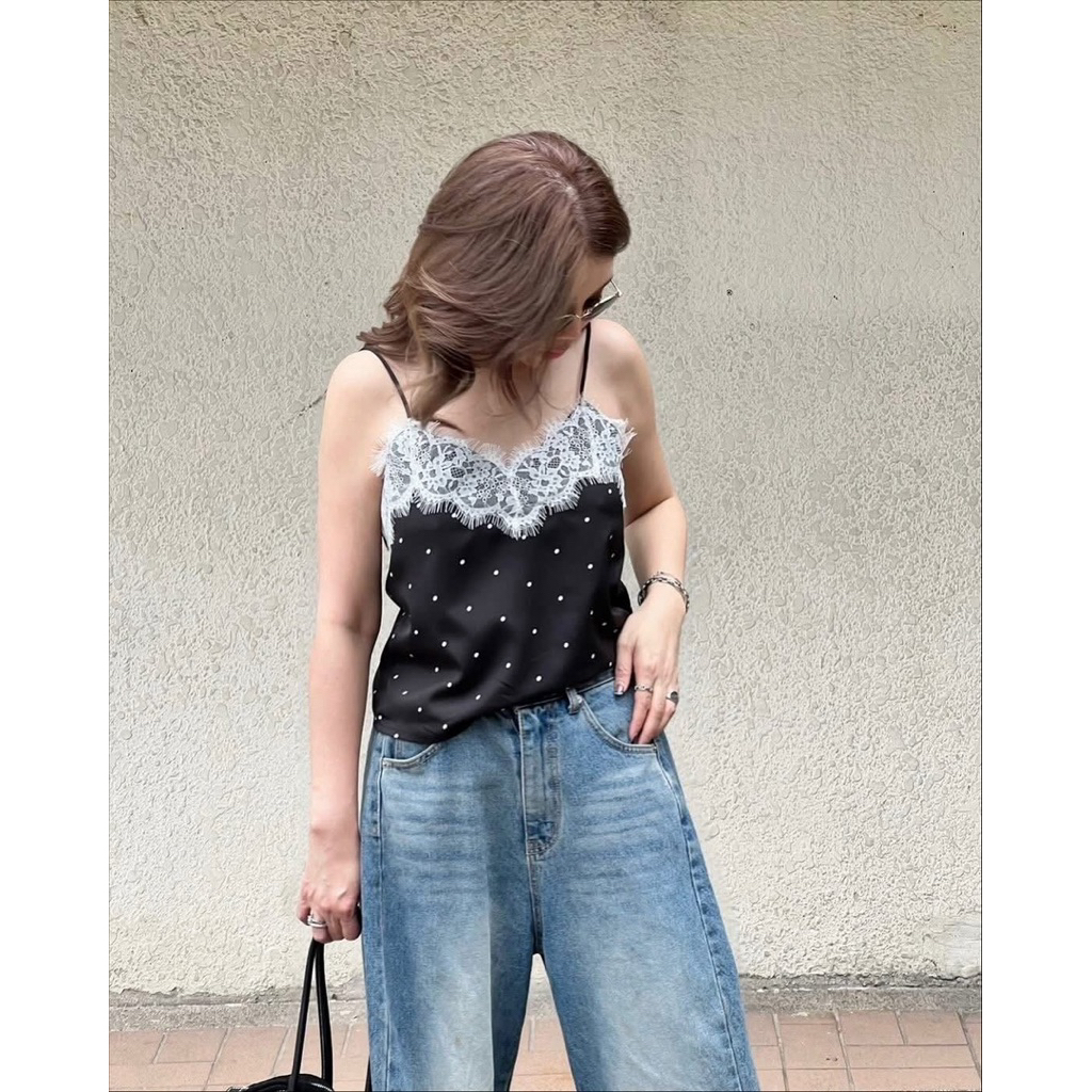 Beloxy Lace Tops เสื้อสายเดี่ยวลายจุดติดลูกไม้