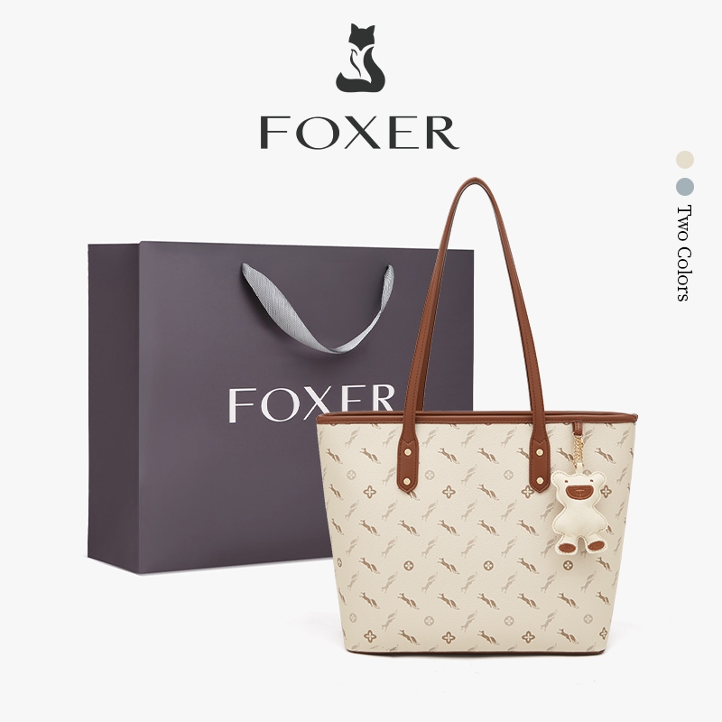 FOXER กระเป๋าโท้ทสำหรับผู้หญิง มีช่องแยก ปิดด้วยซิป กระเป๋าสะพายไหล่หนัง แถมพวงกุญแจตุ๊กตาหมีToteBag