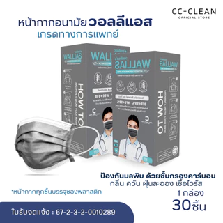 หน้ากากอนามัยทางการแพทย์ Wallias Activated Carbon Medical Mask หนา 4 ชั้น กรองฝุ่น PM2.5ป้องกันสารคัดหลั่งได้ดี มี30ชิ้น