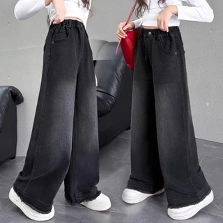 Girls' jeans Black กางเกงยีนส์ขาตรงสีดำสุดอินเทรนด์และมีสไตล์ การออกแบบแถบยางยืด กางเกงยีนส์ทรงตรงลำลอง 120-170 HOT