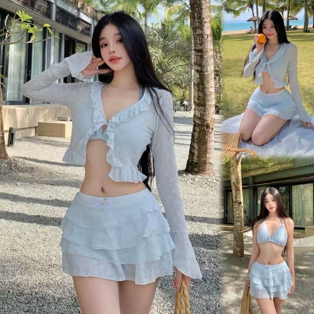 🌸พร้อ​มส่ง🌸ชุดว่ายน้ำแขนยาว 4 ชิ้น ชุดว่ายน้ำบิกินี่ ลายพิมพ์ ระบาย รุ่นใหม่ ด้วยฟองน้ำ summer