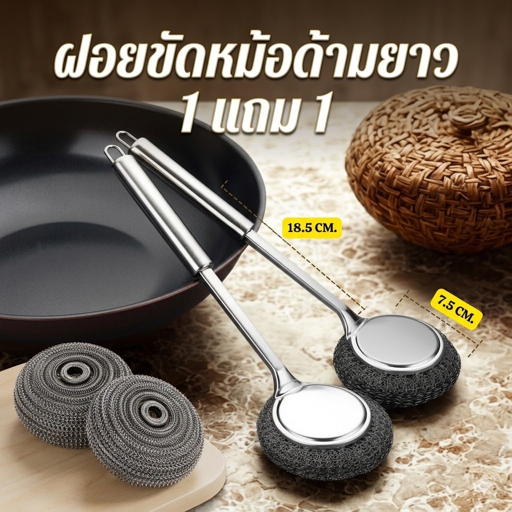 HomeDee 1แถม1 แปรงขัดหม้อมีด้ามจับ แปรงขัดหม้อด้ามยาว ฝอยขัดหม้อ แปรงขัดมีด้ามจับ สแตนเลสด้ามยาว