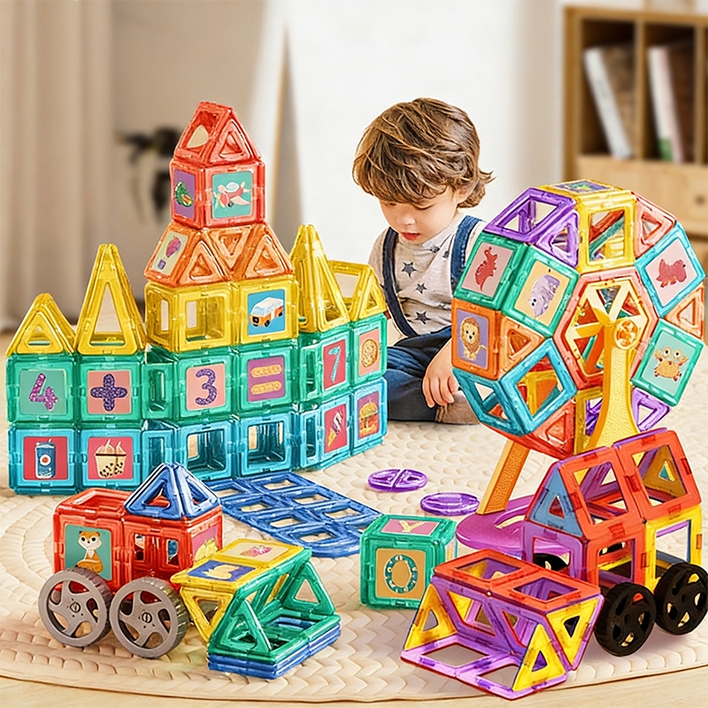 ตัวต่อแม่เหล็ก100ชิ้น ของเล่นแผ่นตัวต่อแม่เหล็ก ตัวต่อแม่เหล็กเสริมทักษะ Magnetic tiles