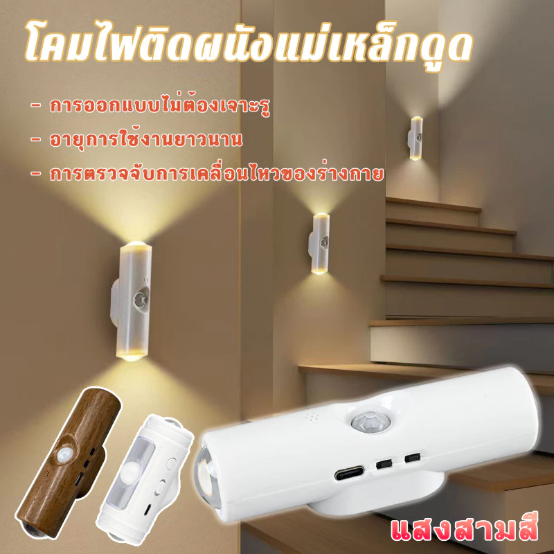 โคมไฟติดผนัง โคมไฟติดผนังเซ็นเซอร์ USB แบบชาร์จได้ ตาแมวสองสี ที่ชาร์จแม่เหล็ก แบบติดเองสำหรับใช้ในบ้าน