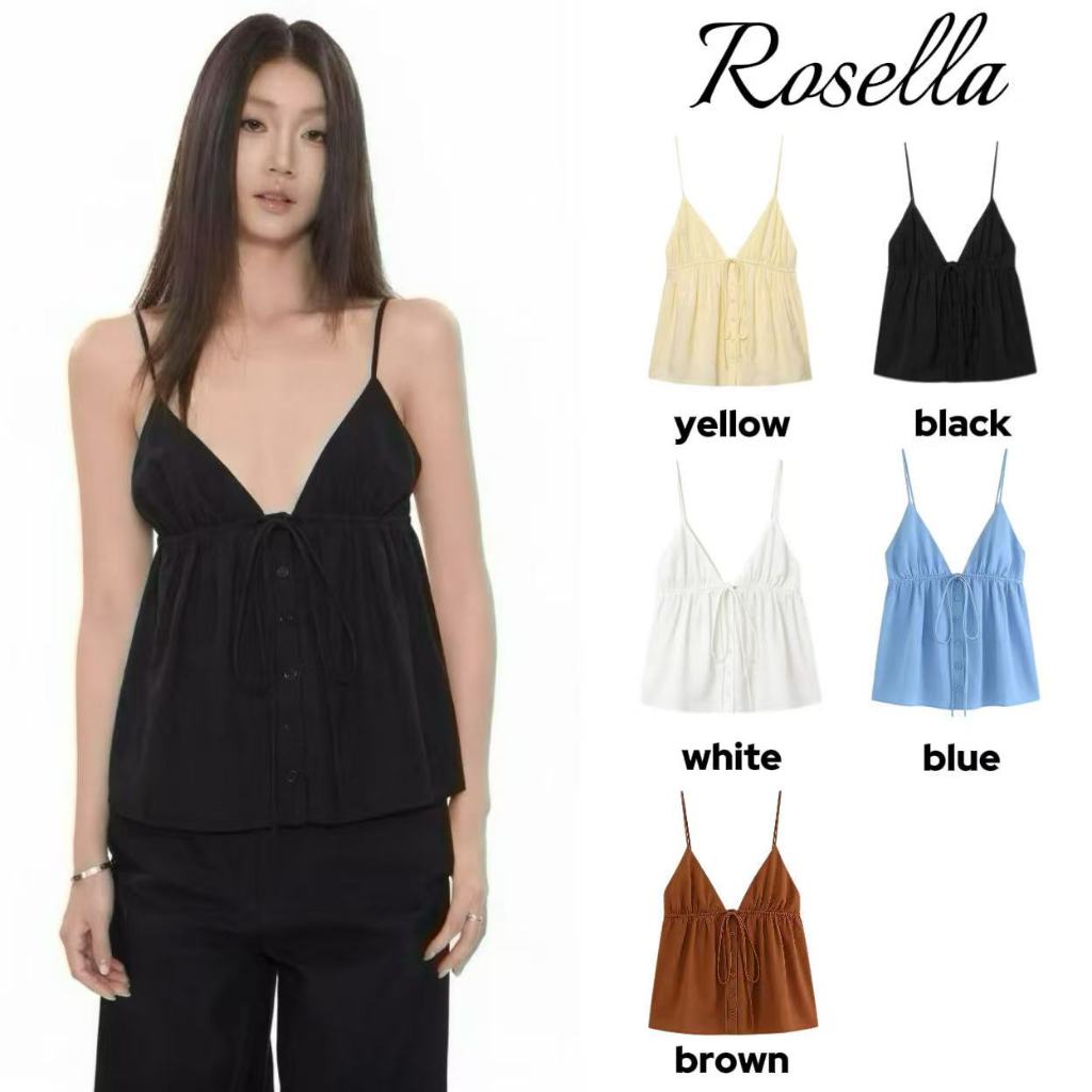 Rosella【สินค้าใหม่ 】เสื้อสายเดี่ยวคอวีประดับโบว์สไตล์ยุโรปและอเมริกา