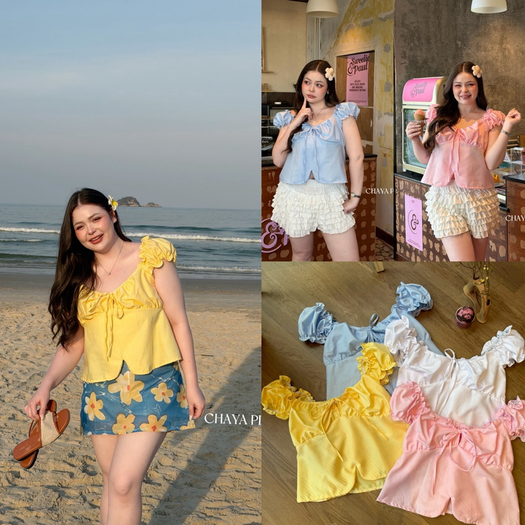 (LD) เสื้อแขนตุ๊กตา ปาดไหล่เบาๆ สีเหลือง ผูกโบว์หน้า น่ารักมาก แมทซ์กับกระโปรงแบบไหนก็เข้า เสื้อผ้าสาวอวบอ้วน ไซส์ใหญ่