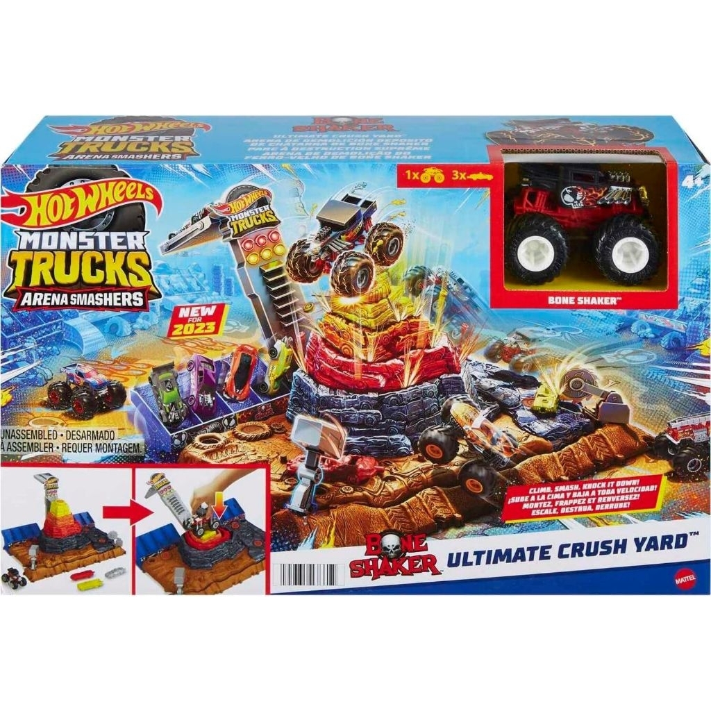 Hot Wheels Monster Trucks Playset & Toy Truck, Arena Smashers Bone Shaker Ultimate Crush Yard