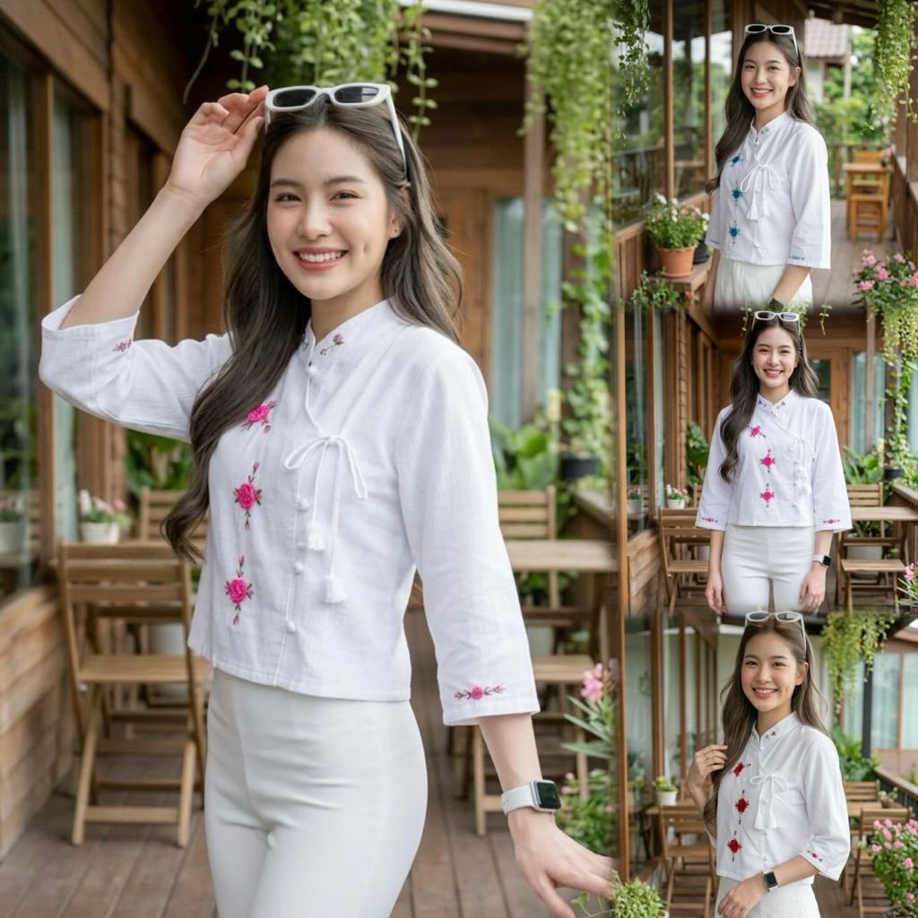 เสื้อพื้นเมืองผู้หญิง คอจีนผูกโบว์ งานปักดอกด้วยมือ แขนสามส่วน