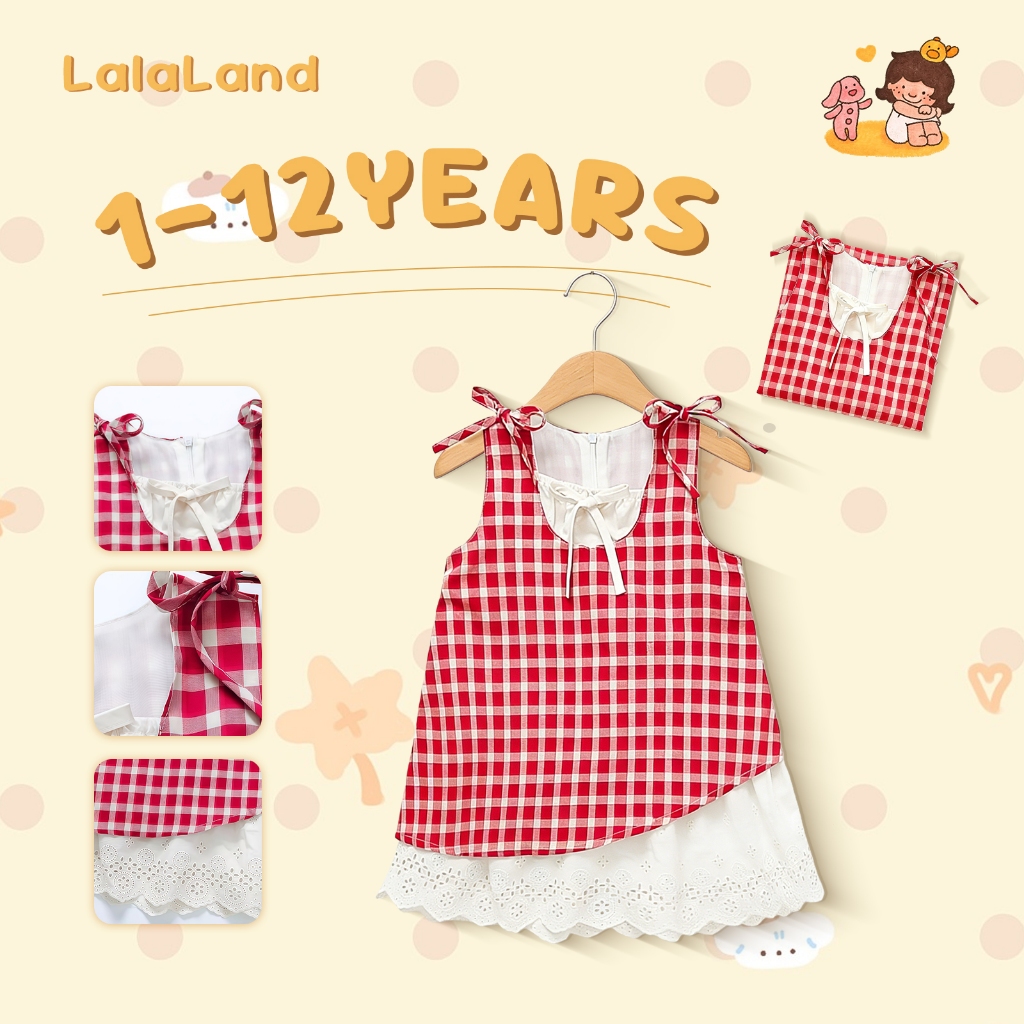 1-12 ปี เดรสเด็กผู้หญิง สไตล์น่ารัก ลายสก็อตสีแดง-ขาว แฟชั่นลำลอง เดรสแขนกุด านุ่มใสสบายฯ กระโปรงสาวฤดูร้อน