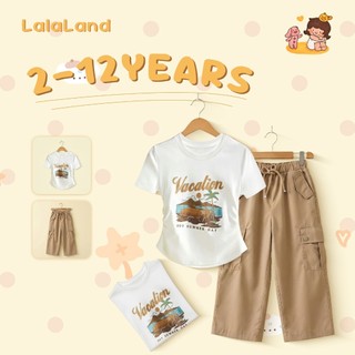 2-12 ปี กางเกงคาร์โก้เด็กหญิง+เสื้อยืดคอกลม สไตล์เกาหลี แฟชั่นลำลอง านุ่มใสสบายฯ แขนสั้น คุณภาพดี กางเกงคาร์โก้เด็ก