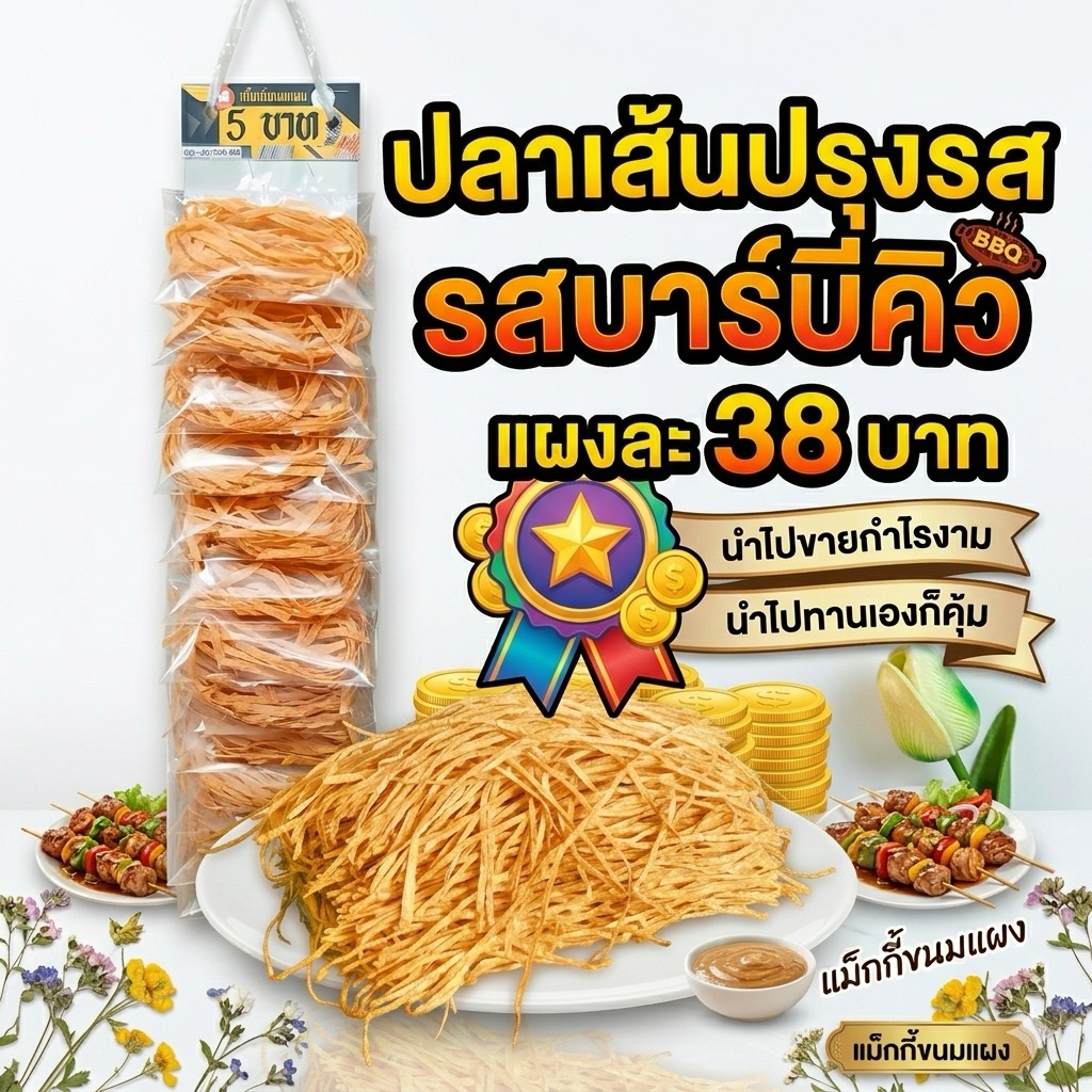 ขนมแผงปลาเส้นปรุงรส รสบาบีคิว แผงละ 12 ห่อ ราคา 48 บาท