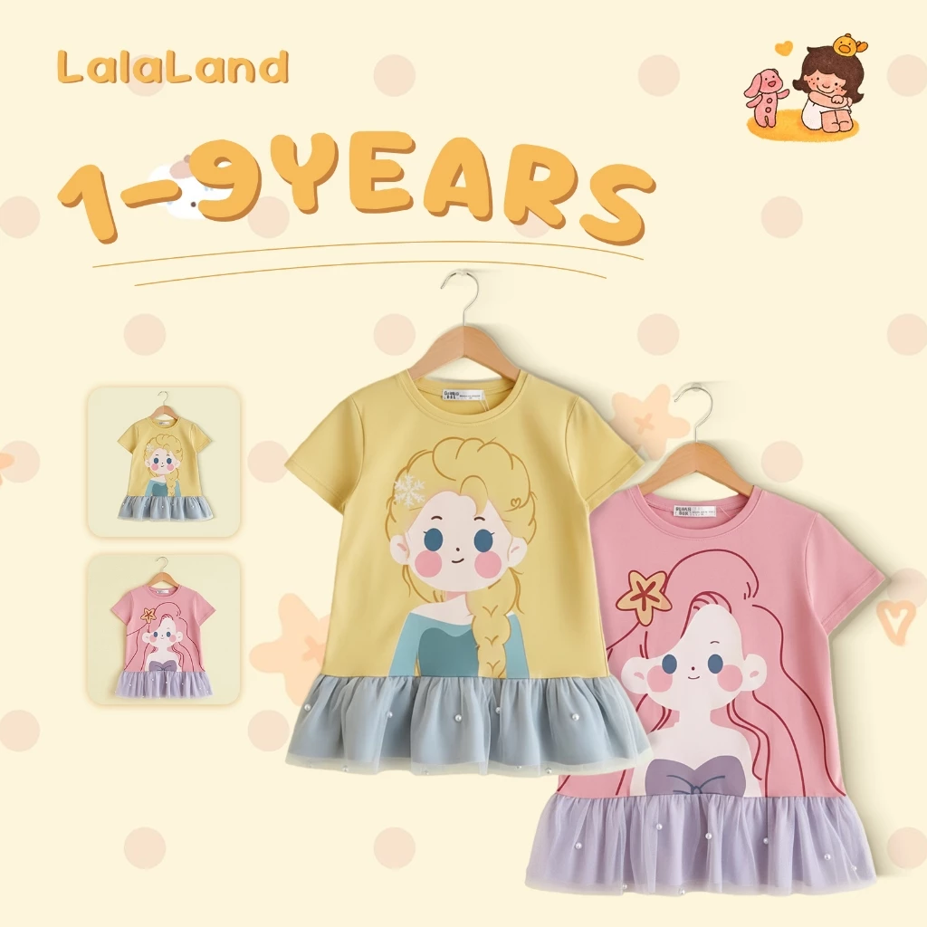 1-9 ปี ชุดเดรสเด็กผู้หญิงแฟชั่นลำลอง เงือก การ์ตูนน่ารักระบาย เดรสเด็กหญิง านุ่มใสสบายฯ
