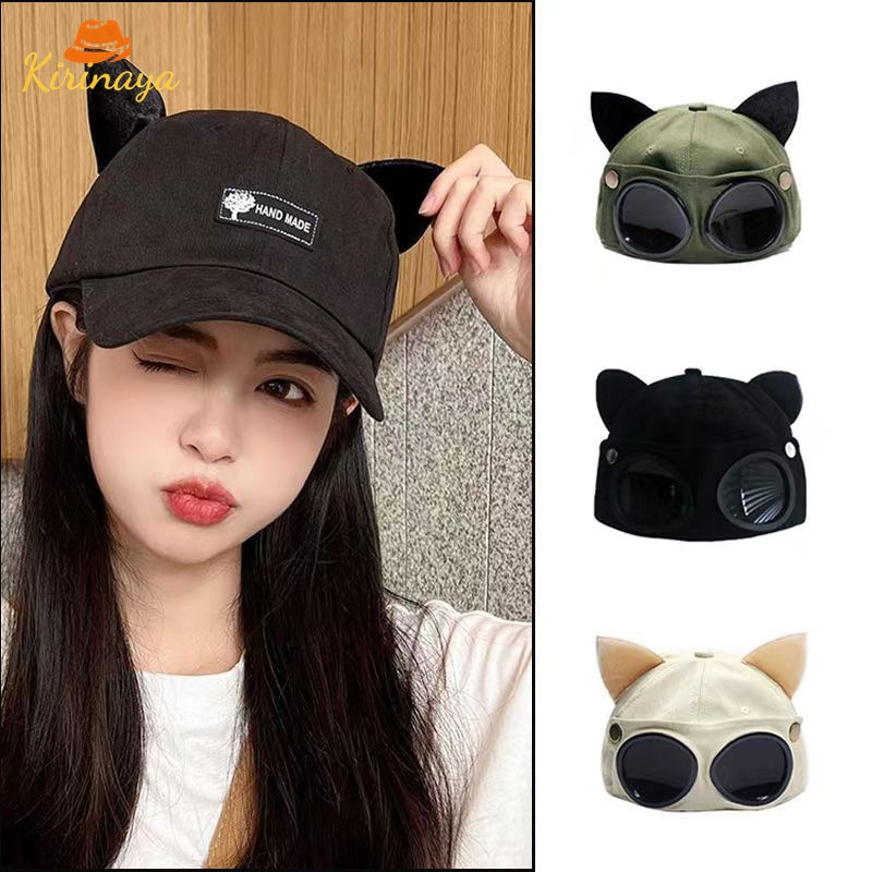พร้อมส่ง🚚นักบิน แว่นตา หมวกเบสบอล น่ารัก หมวกเบสบอล ปรับแต่งได้ หมวกทรงสูง หูแมว อเนกประสงค์Kirinaya