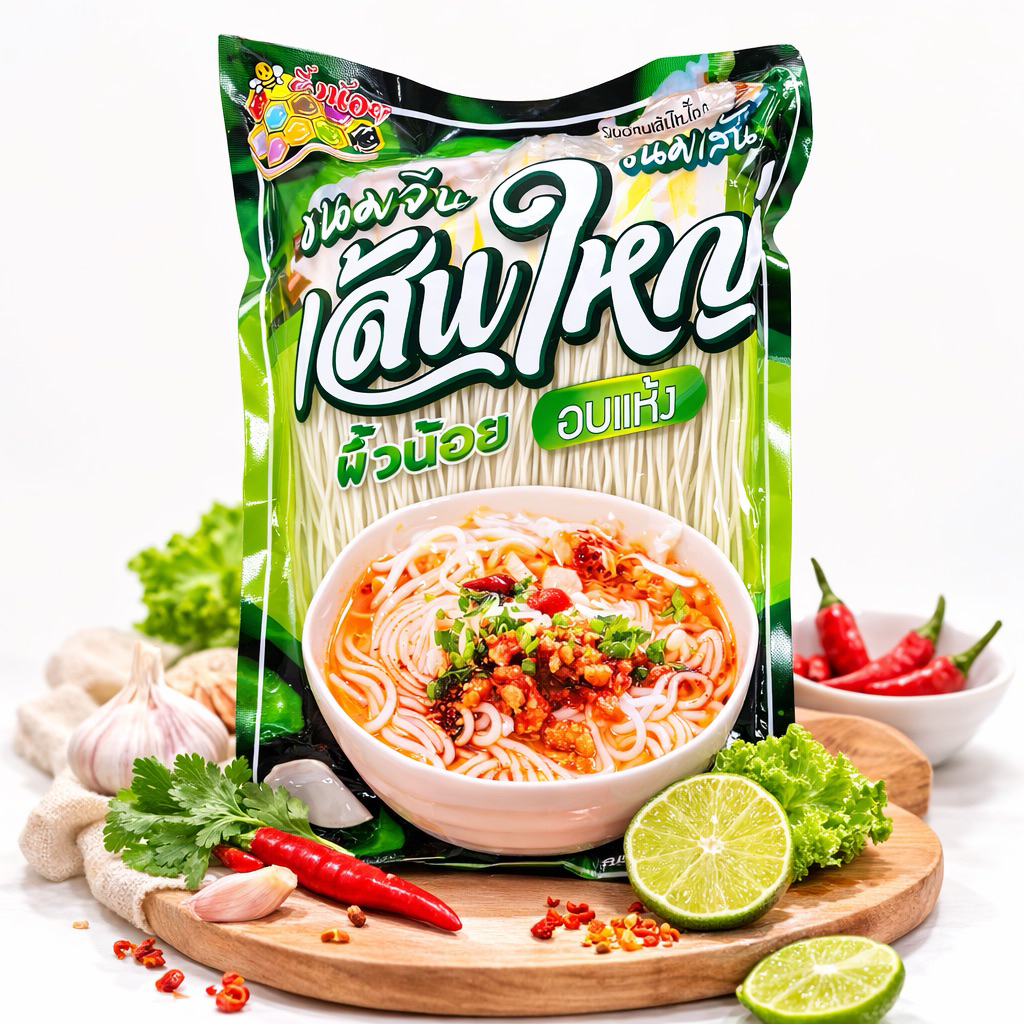 ขนมจีนเส้นใหญ่ตราผึ้งน้อย ห่อละ 400 กรัม เส้น ก๋วยจั๊บเส้นหมาล่า  300 กรัม ห่อใหญ่ม๊ากจยย