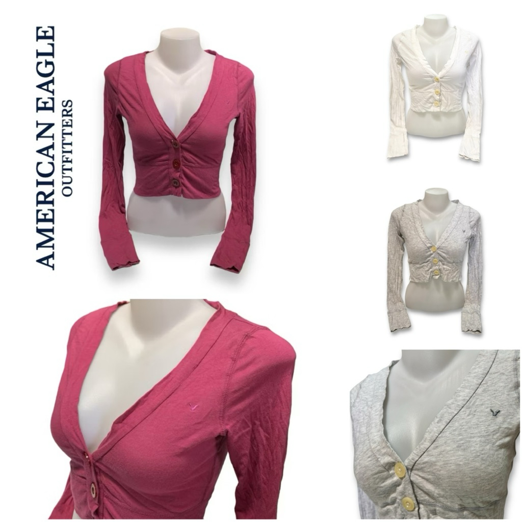 American Eagle เสื้อครอบ (XX71) รัดรูป เสื้อคลุม แขนยาว คอวี สีม่วง/ขาว/เทา มีไซส์ พร้อมส่ง