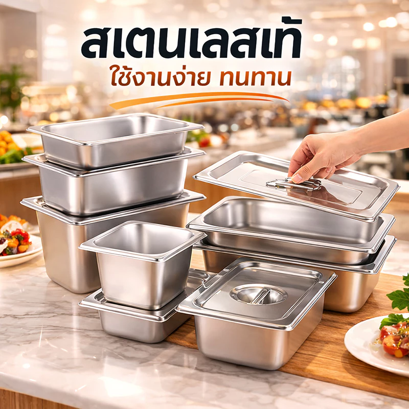 (รุ่นหนาพิเศษ) ถาดสแตนเลส GN Food Grade 304 ถาดอาหารสแตนเลส ถาดบุฟเฟ่ต์ ถาดท็อปปิ้ง ถาดสลัด ถาดไอศกรีม Gastronorm Pan1/2