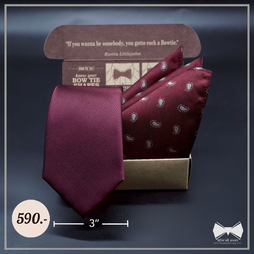 เซ็ทเนคไทModern Gridแดงเบอร์กันดี + ผ้าเช็ดหน้าสูท