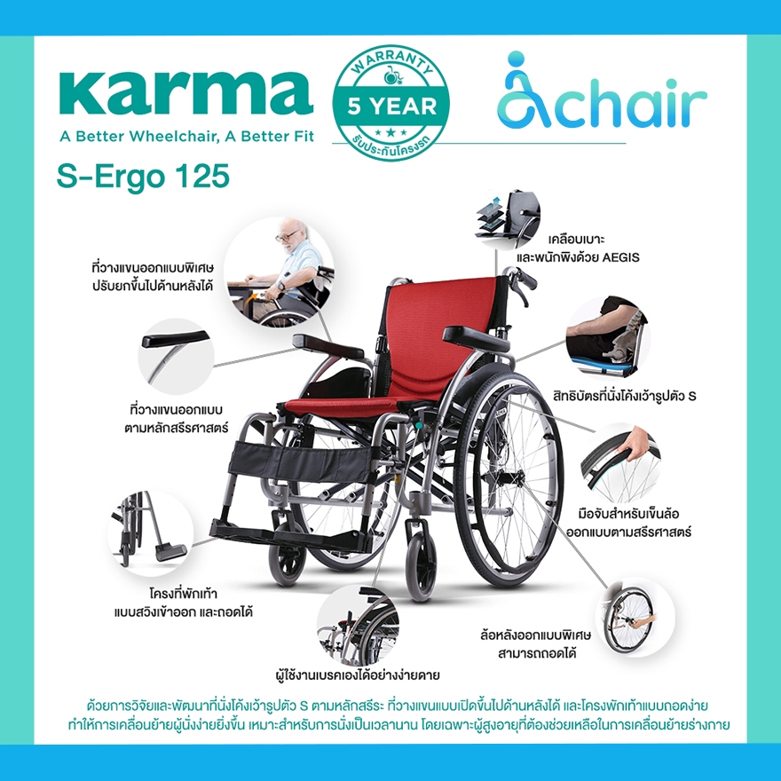 Karma รุ่น S-Ergo 125 รถเข็น รถเข็นผู้ป่วย อลูมิเนียม วีลแชร์ ฟังก์ชั่นครบที่สุด Lightweight Aluminu