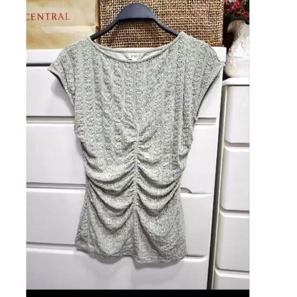 Mเสื้อทรงแขนล้ำ ย่นเอว ผ้าลูกไม้ยืด สีเขียว ไซส์6,10,16