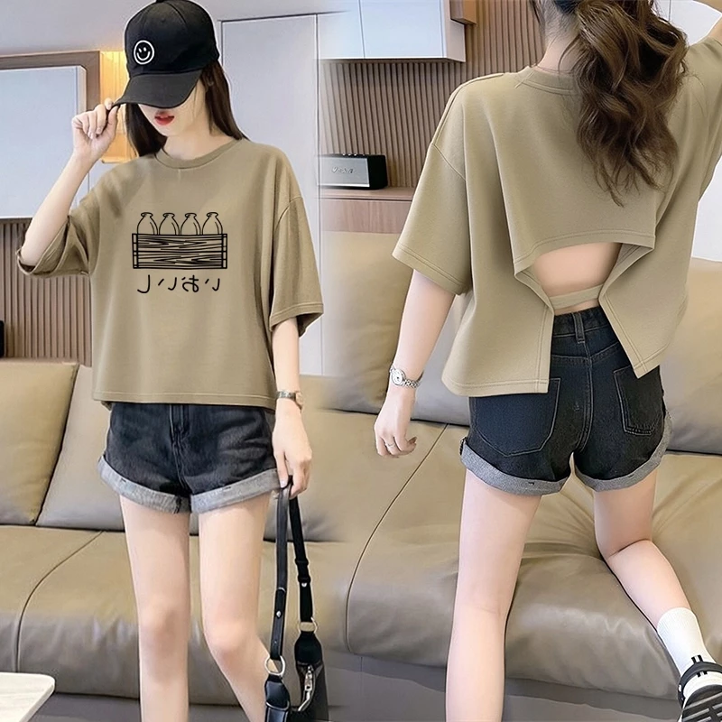เสื้อครอปสาวอวบไซส์ใหญ่สวยๆ oversize เสื้อผ้าแฟชั่นวัยรุ่นน่ารัก เสื้อยืดเปลือยหลังผู้หญิงฤดูร้อนใหม่ ทรงหลวมสไตล์เกาหลี thumbnail 3
