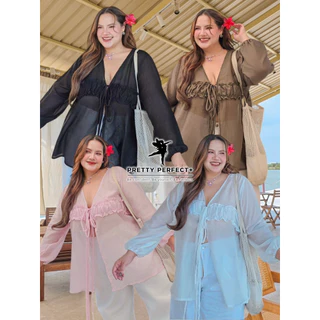 เสื้อซีทรูBigsizeไปทะเล แขนยาว ผูกอก แต่งย่นตรงหน้าอก อก 38-62“