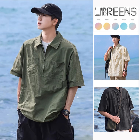 เสื้อโปโลแขนสั้นผู้ชาย ซิปครึ่งคอ ทรงหลวม สวมใส่สบาย ลำลอง เข้ากับทุกชุด แนวเวิร์ค