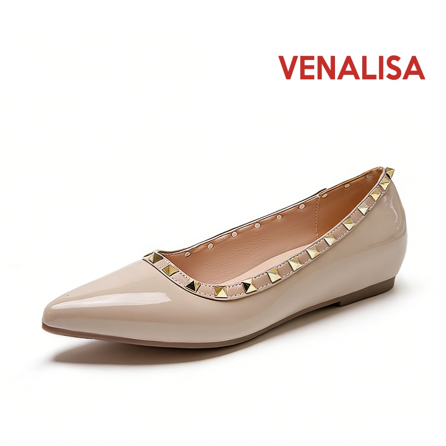 Venalisa รองเท้าส้นสูงผู้หญิง เพิ่มความสูงภายใน แหลม 4ซม. วัสดุ หนัง หมุดย้ำ เหมาะสำหรับงานออฟฟิศ