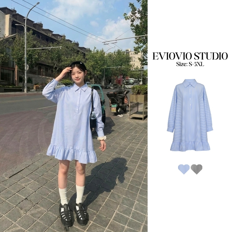 EVIOVIO【S-4XL】💙มินิเดรสเชิ้ตลายทางสุดคลาสสิก ดีไซน์คอปก ชายระบาย คอมพลีทลุคสไตล์เกาหลี ชุดสาวอวบ ชุดใส่ทำงาน สาวพลัสไซส์
