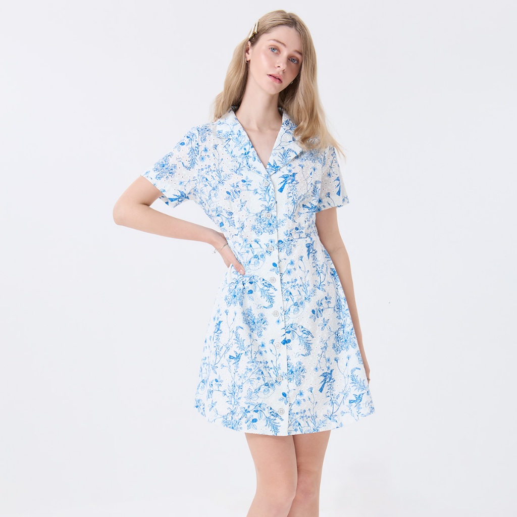 EP ชุดเดรส ลายดอกไม้ ผู้หญิง สีฟ้าอ่อน | Floral Print Dress | 05068