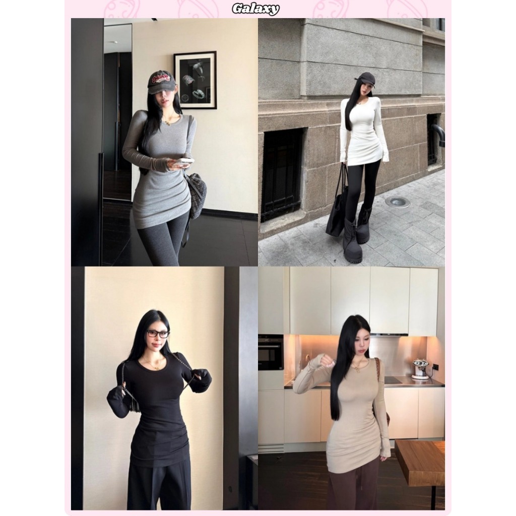 เสื้อแขนยาวผู้หญิง เสื้อยืดแขนยาว ใส่กับอะไรก็เริ่ด คอกลม เซ็กซีเบาๆ ดูเอวผอม #020426