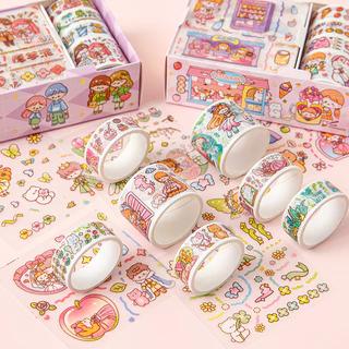 KiKi สติกเกอร์น่ารัก + เทปวาชิ ลายการ์ตูนคิ้วท์ 4 แผ่น + 4 ม้วน เซ็ต DIY ตกแต่งสมุด ของขวัญสุดคิ้วท์