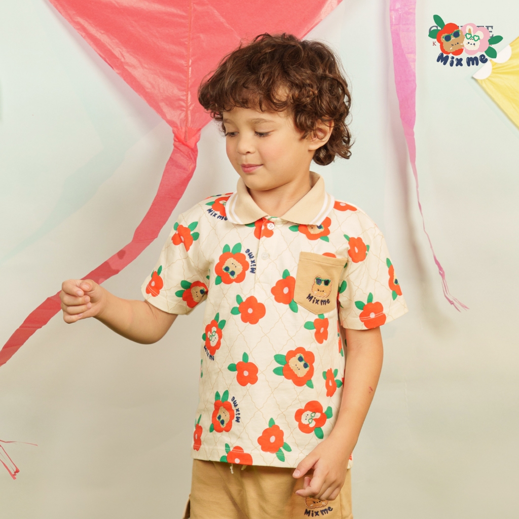 Mix Me เสื้อโปโล กางเกงขาสั้น ลายดอกไม้ ผ้า Single Jersey Interlock เด็กชาย อายุ 1-7 ปี เสื้อผ้าเด็ก