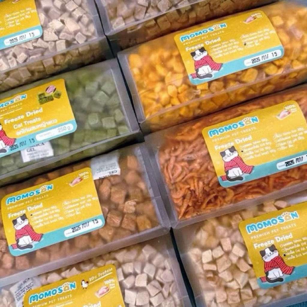 [ถุงกลาง] ขนมฟรีซดรายแมว สุนัข Momosan เนื้อสัตว์100% ไม่เค็ม อาหารหมาแมว อกไก่ ตับไก่ แซลมอนไข่แดงหญ้าแมว ขนมแมว ขนมหมา