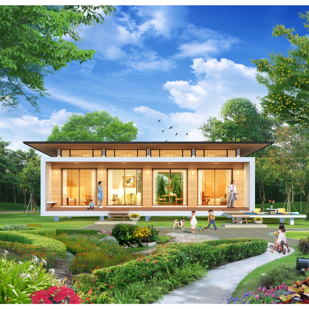 แบบบ้านชั้นเดียว M-115 : 2 ห้องนอน 2 ห้องน้ำ พื้นที่ใช้สอยภายใน 150 ตร.ม. ค่าก่อสร้างประมาณ 1.9 - 2.