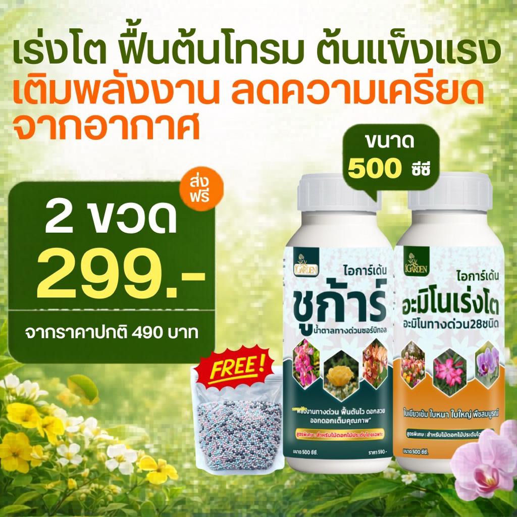 น้ำตาลทางด่วน ชูก้าร์ และ อะมิโนเร่งโต โตไว ใบสวย ต้นสมบูรณ์ ขวดละ500cc (1ชุด2 ขวด) แถมปุ๋ยเม็ด500g