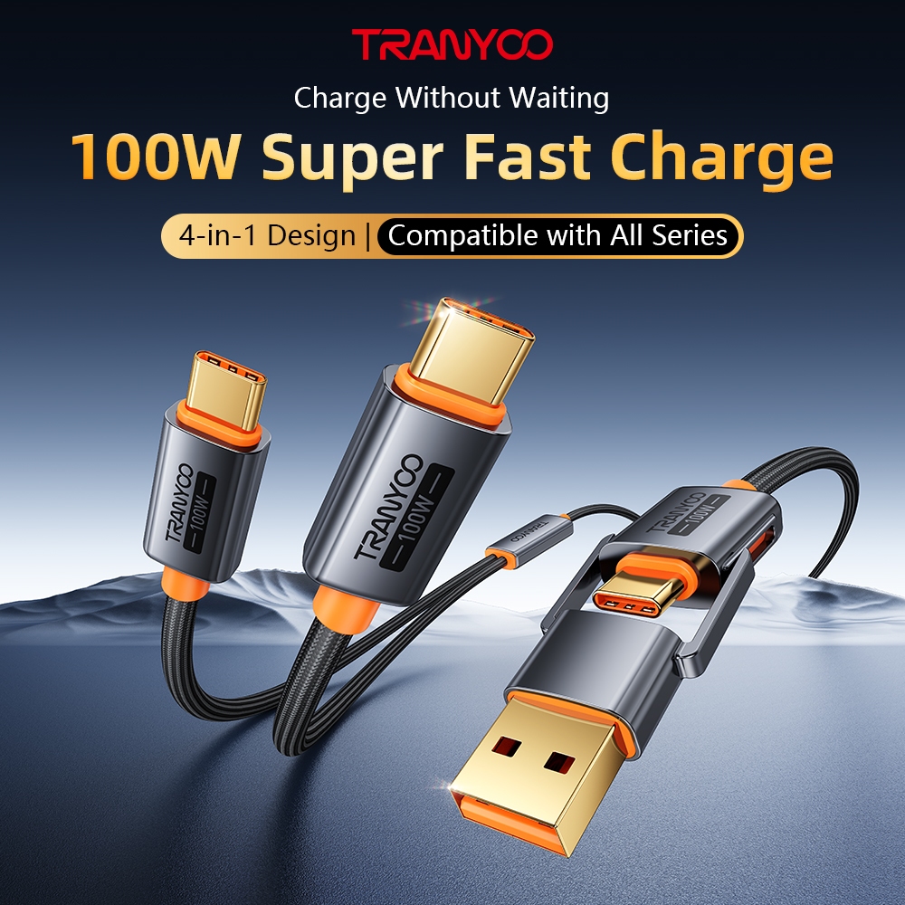 TRANYOO XS11 สายชาร์จ PD100W สายชาร์จดาต้าแบบชาร์จเร็ว 4-in-1 วัสดุโลหะผสมสังกะสี รองรับชาร์จเร็วพร้