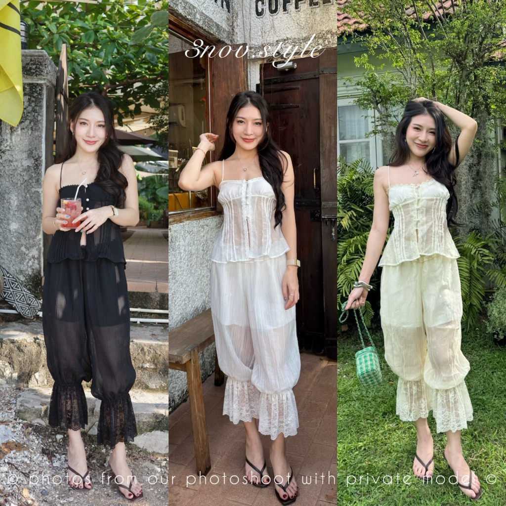Jasmin set ✨ เสื้อสายเดี่ยว +กางเกงจินนี่ ผ้าซีทรู มีซับในตัวทั้งเสื้อและกางเกง